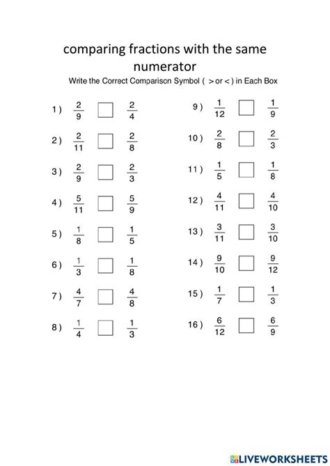 Comparing Fractions Worksheet Same Numerator