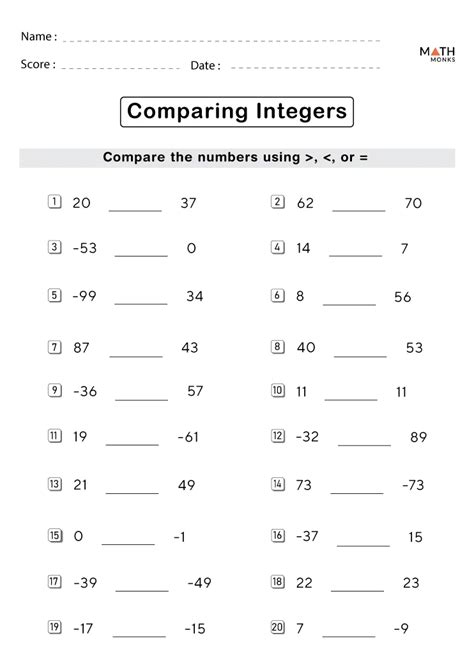 Comparing Integers Worksheets Math Monks