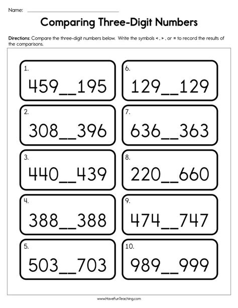 Comparing Two and Three Digit Numbers Worksheets