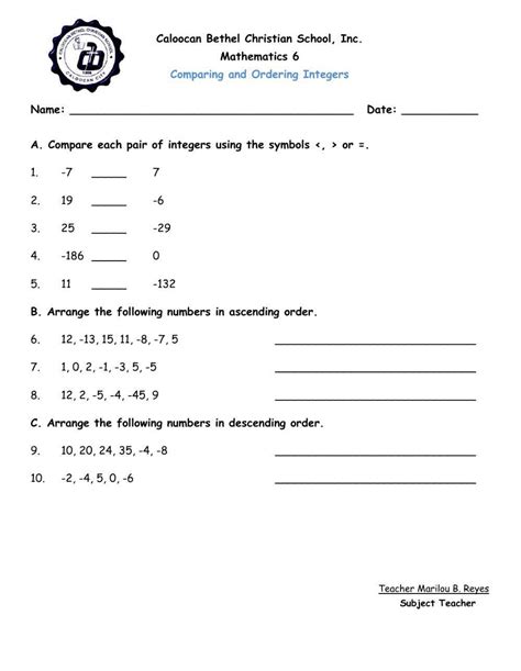 Comparing and Ordering Integers Worksheets Worksheets Library