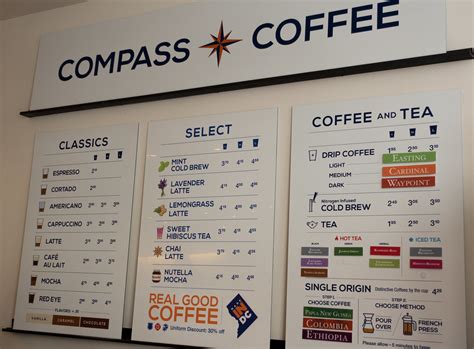 Compass coffee menu. Lunch 11:00am - 1:30pm. Steamboat Coffee Shop. Monday - Thursday 7:00am - 2:00pm. Friday 7:00am - 10:30am. Riverside Market . Open 24/7. Self check out + credit card or MyQuickcharge only. Food Service Director. 