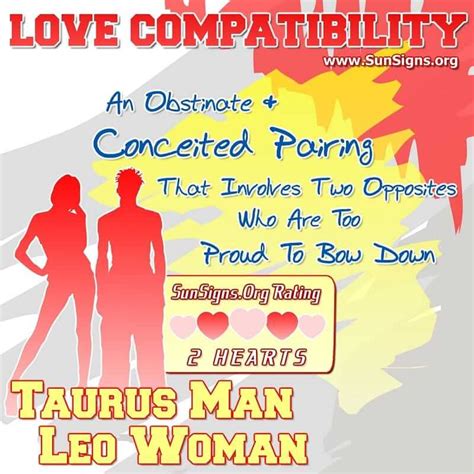 Compatibility of leo woman and taurus man. Apr 2, 2024 · When a Leo man meets a Taurus woman, it can often feel like love at first sight. The fiery passion of the Leo male, combined with the grounded and sensual nature of the Taurus female, can create a relationship that is both exciting and comforting. 
