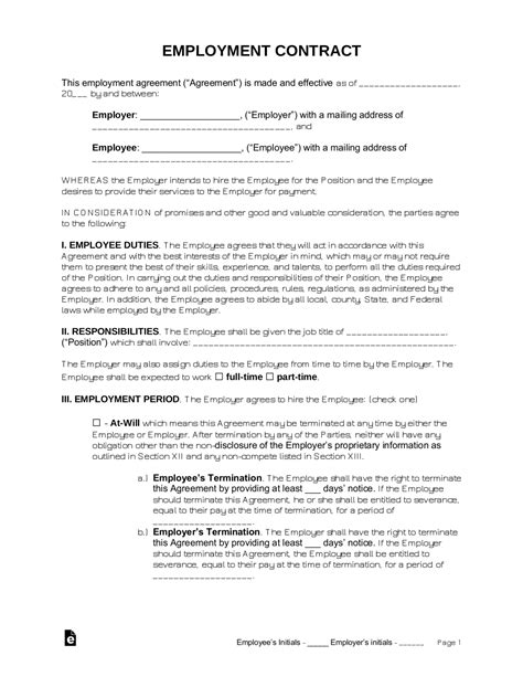 Compensation Agreement Example Employment Contract Template Word