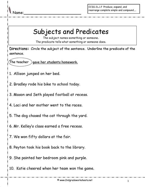 Complete Subject and Complete Predicate worksheet Subject and