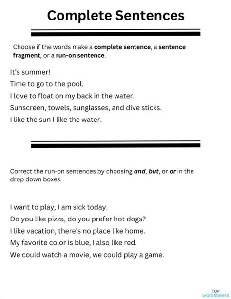 Complete and Sentences Interactive Worksheet by Kimberly