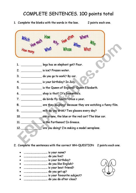 Complete sentences esl. A selection of English ESL complete sentences printable...