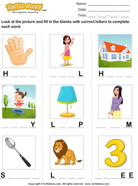 Complete the Words with Missing Letters Turtle Diary Worksheet