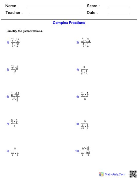 Complex Fractions Worksheet Answers
