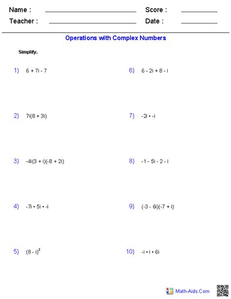 Complex Numbers Worksheet Algebra 2