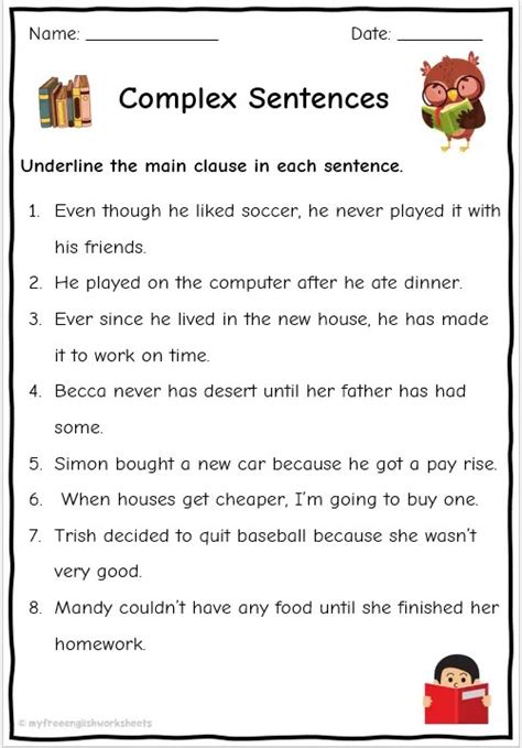 Complex sentence worksheet.  Find three worksheets with examples and instr...
