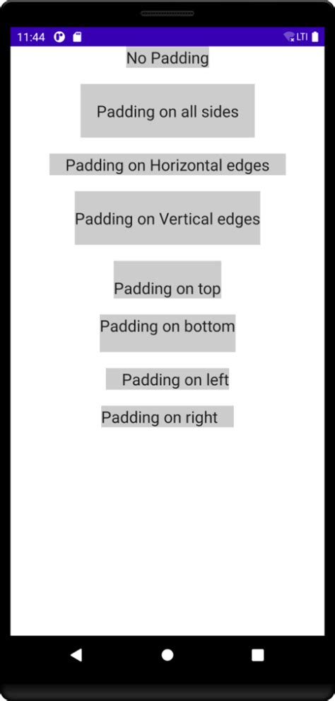 Compose text inner padding.  PaddedText() displays a red Text with 16.  The whol...