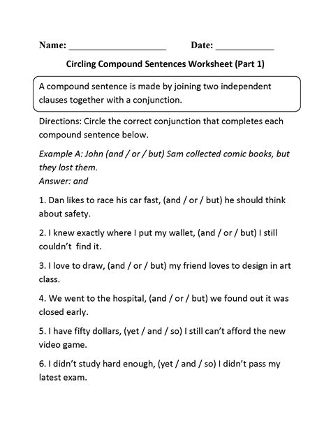 Compound Sentences Worksheet 3Rd Grade