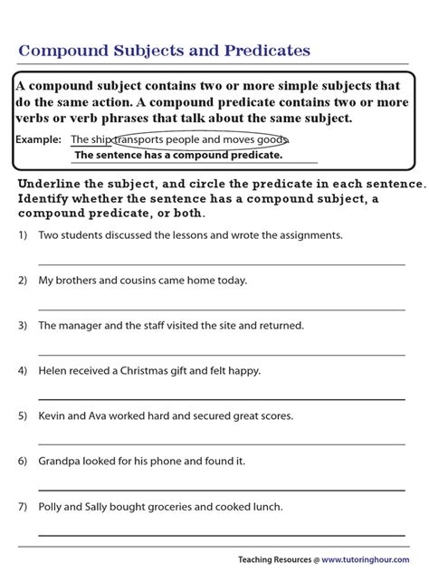 Compound Subjects and Predicates PDF Worksheets Library