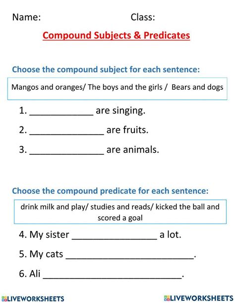 Compound Subjects and Predicates exercise Live Worksheets