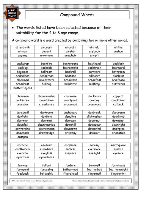 Compound Words List For 3rd Graders
