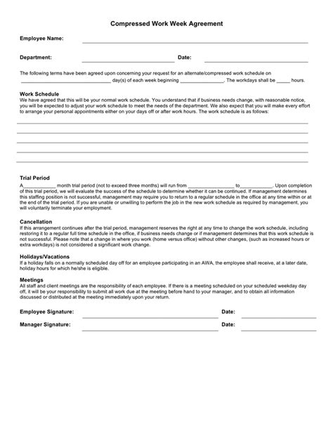 Compressed work week agreement template in Word and Pdf formats