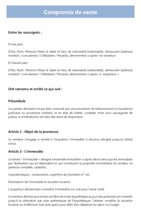 Compromis de vente modèle word