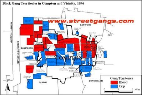 Compton gang territory map. The Eight Tray Gangster Crips are considered by Federal Agents and city officials, to be one of the most violent street gangs, in all of Los Angeles County. They are well-known for their brutal reputation with over 300 active members. They originated from the Original West Side Crips, led by Stanley Williams (Tookie), in the early 1970s. 