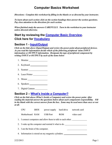 Computer Basics Worksheet Answer Key