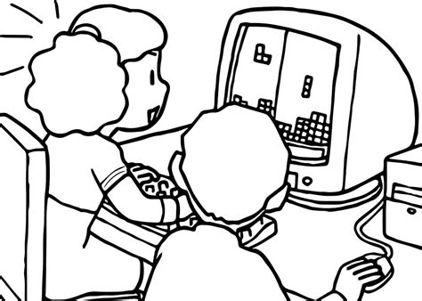 Computer Kid Playing Coloring Page