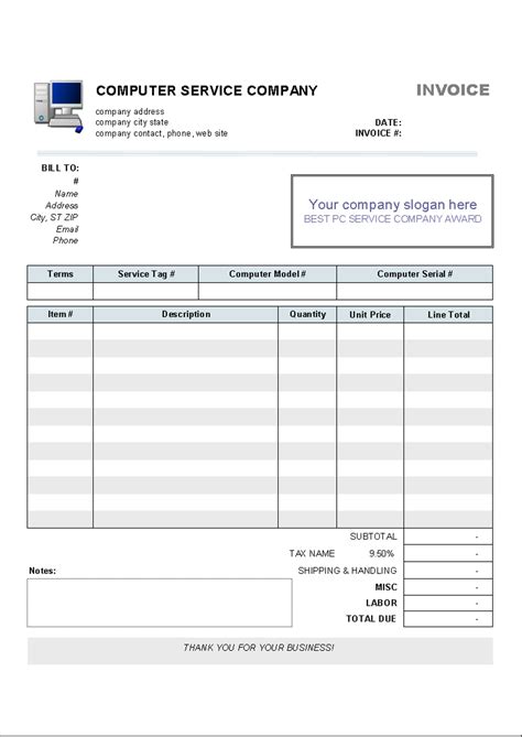 Computer Repair Invoice Free Template for Excel
