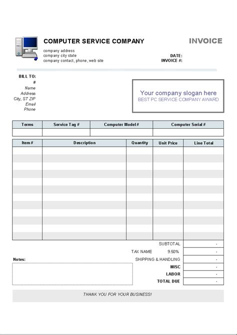 Computer Repair Invoice Template Excel Cards Design Templates