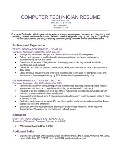 Computer Technician Resume Template