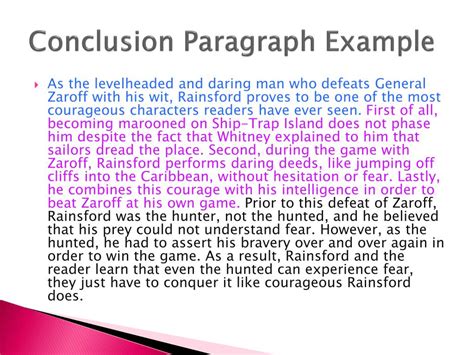 Conclusion paragraph. Your conclusion paragraph should logically conclude your essay, just like your concluding sentences logically conclude your body paragraphs. The conclusion paragraph should begin by restating your thesis, and then you should broaden back out to a general topic. End with a closing statement. This paragraph looks like the reverse of … 