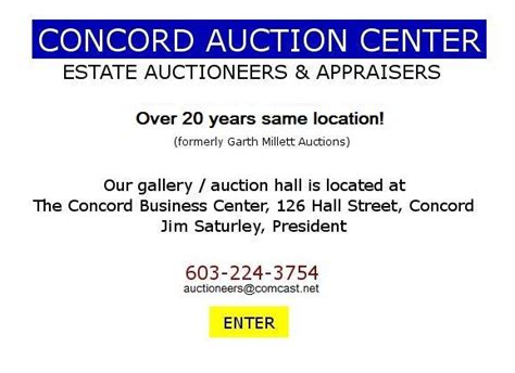 Concord auction center. See more of CAT Concord Area Transit on Facebook. Log In. or. Create new account. See more of CAT Concord Area Transit on Facebook. Log In. Forgot ... Musician/band. Concord Auction Center. Auction House. Bangor Parks and Recreation Youth Basketball. Sports. New Hampshire Senior Companion Program. Government Organization. UNH … 