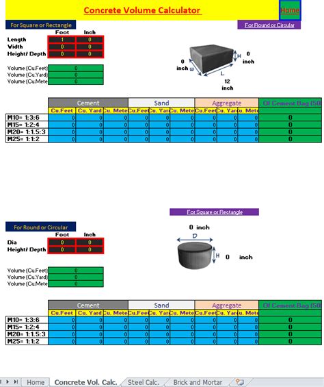 Concrete, Steel and Brick Volume Calculator Excel Sheet