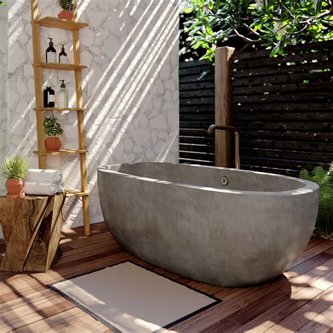 Concrete bathtub. The dade O CUBED bath is based on the dade O model, but with a cubic exterior design. The standard bath dimensions of 90x180cm are used for this product illustration, but can be customised for any bathroom (fixed internal dimensions of 80x160cm). A plinth is also included with this concrete bathtub, i.e. the bathtub is placed directly on the ... 