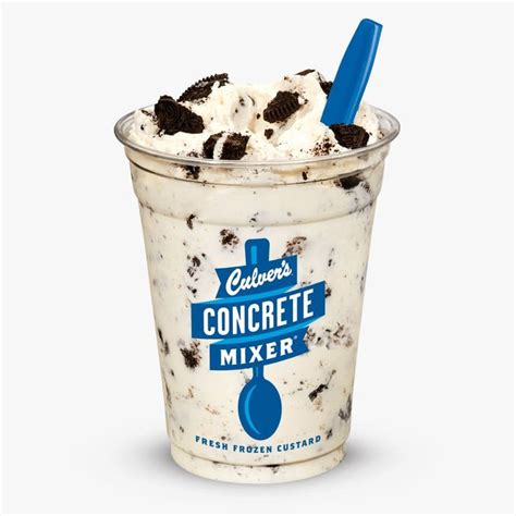 Concrete mixers at culver's. Amount Per Serving. Calories 380. % Daily Value*. Total Fat 22g 28%. Saturated Fat 14g 70%. Trans Fat 1g. Cholesterol 135mg 45%. Sodium 105mg 5%. Total Carbohydrates 38g 14%. 