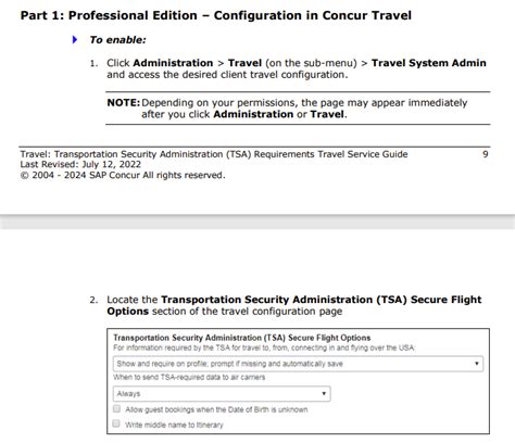 Applies to these Concur solutions: Expense Professional/Premium edition Integrated with Professional/Premium Travel Stand-alone ... (TSA) Secure Flight Options – refer to . …. 