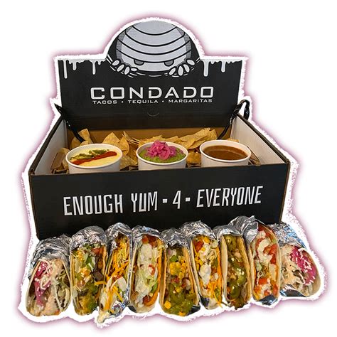 Condado catering. 10 Person Taco Bar. This 10-person BYO taco box comes with tortilla shells, your choice of two proteins, two sauces and the following toppings: lettuce, tomatoes, cilantro & onions, jicama, corn salsa, pickled red cabbage, and smoked cheddar cheese. Each box comes with paper boats, sporks, serving utensils and a roll of paper towels for your group! 