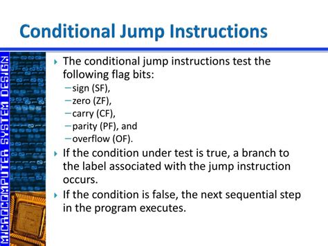 Conditional jump instructions in 8086. g.  Look at these examples to see how zero, first and se...