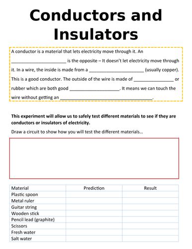 Conductors and Insulators Worksheet and Short Experiment Teaching