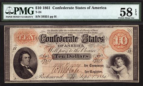 Confederate money for sale. Cr6, PF1. $50. Issued August 25th 1861 through September 23rd 1861. Two females representing Pallas (Agriculture) and Ceres (Industry) in the center. George Washington is featured at the far right. At the far left is a female representing "Justice" holding scales and a sword. Green " FIFTY " underprint.---- (5,798 total issued) 