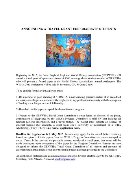 Conference travel grants for graduate students. Each registered, full-time student is eligible to receive a conference fund award every fiscal year. The conference fund will distribute no more than 55% of its total possible grants for students to attend conferences occurring in the 1st half of the fiscal year (July 1st -Dec 31st). Awards will otherwise be allocated by a first-come-first ... 