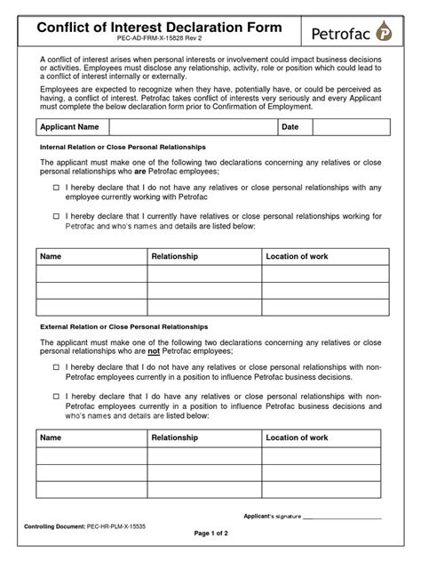 Conflict of Interest Declaration Form Applicant Name Date