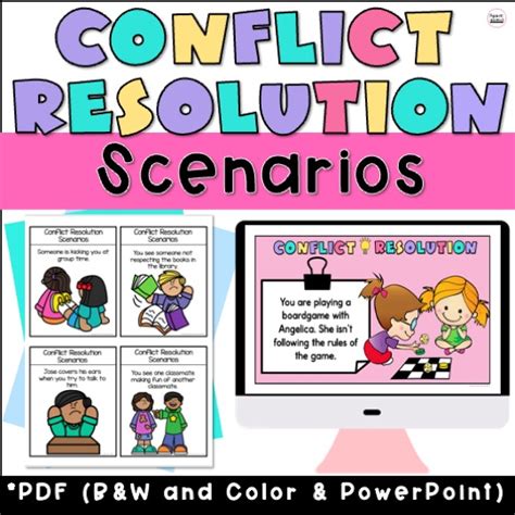 Conflict resolution scenarios for students.  These interactive scenario question cards present...