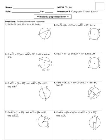 Congruent Chords and Arcs Worksheet