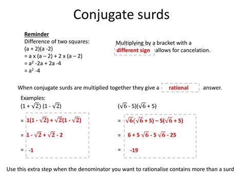 Conjugate surds pdf.  We use a technique called rationalization to eliminate them.  Free rat...
