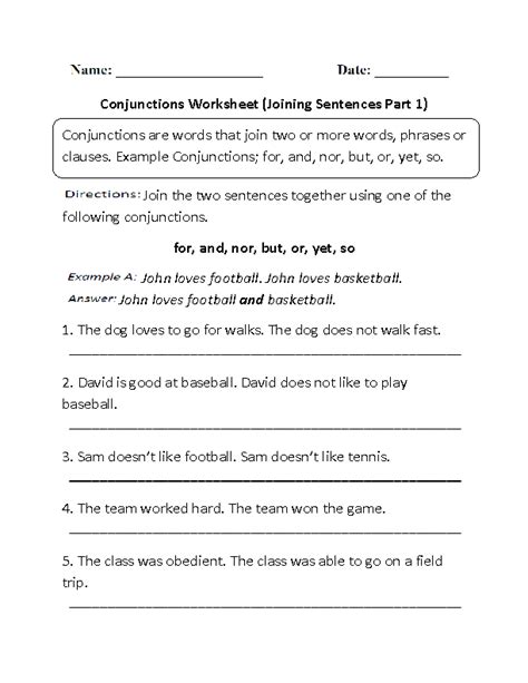 Conjunctions Worksheets Conjunctions Worksheet Joining Sentences