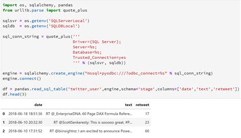 Connect pandas to sql server.  A connection using sqlalchemy is created as follows:...