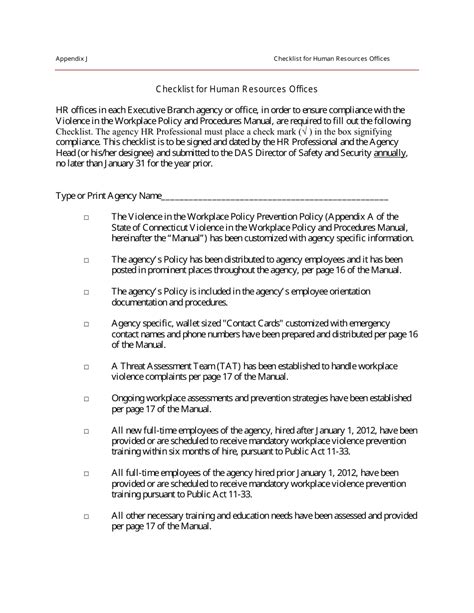 Connecticut Workplace Violence Checklist for Human Resources