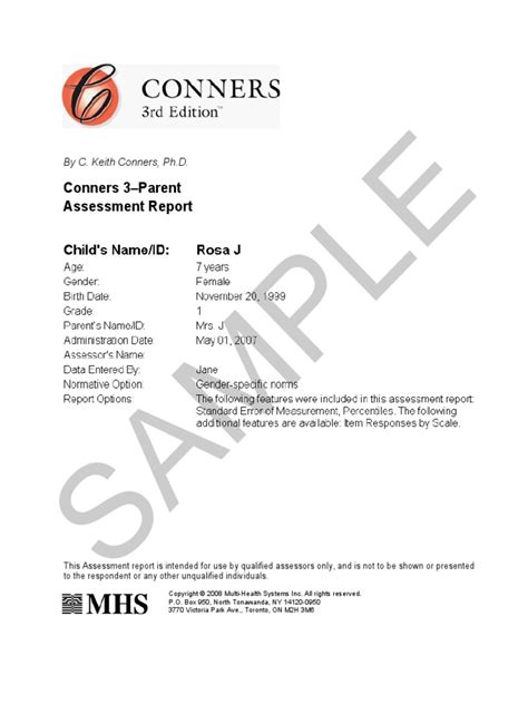 Conners 3 Parent Assessment Report Diagnostic And Statistical Manual
