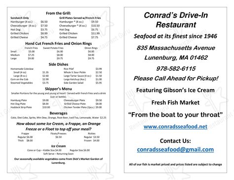 Menu added by users March 28, 2023. The restaurant information including the CONRAD'S DRIVE-IN SEAFOOD menu items and prices may have been modified since the last website update. You are free to download the CONRAD'S DRIVE-IN SEAFOOD menu files.. 