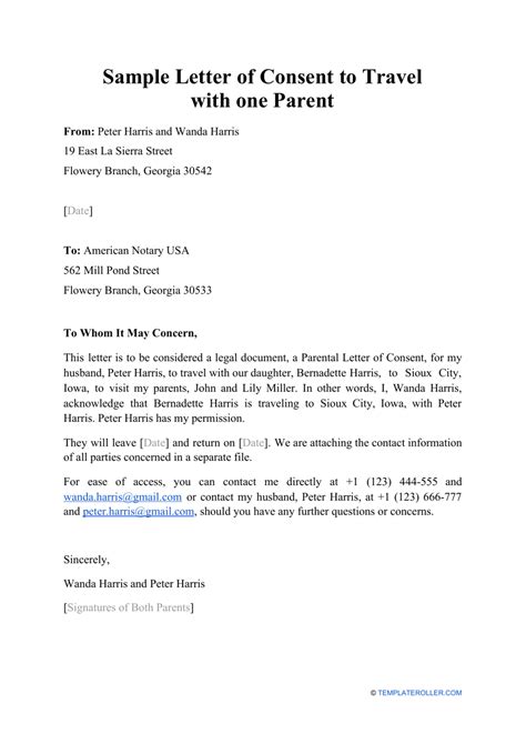 Consent To Travel With One Parent Template