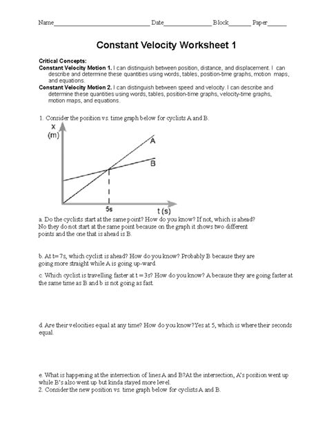 Constant Velocity Model Worksheet 4 Answers Ivuyteq