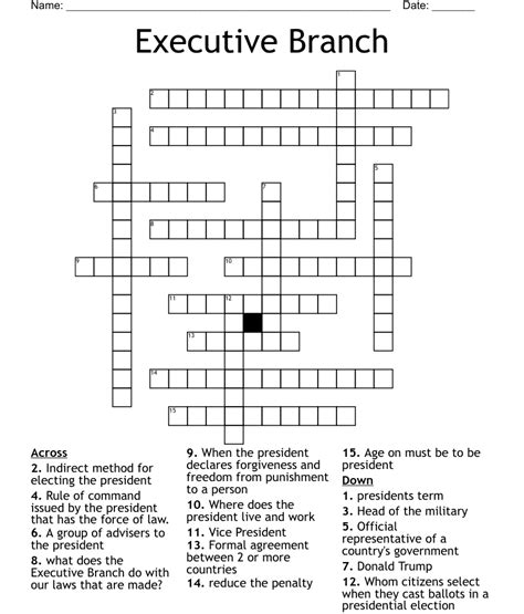 Constitution part establishing the executive branch crossword. Answers for Executive branch crossword clue, 10 letters. Search for crossword clues found in the Daily Celebrity, NY Times, Daily Mirror, Telegraph and major publications. ... Part of the Constitution establishing the executive branch PRETORIA: Seat of South Africa's executive branch 